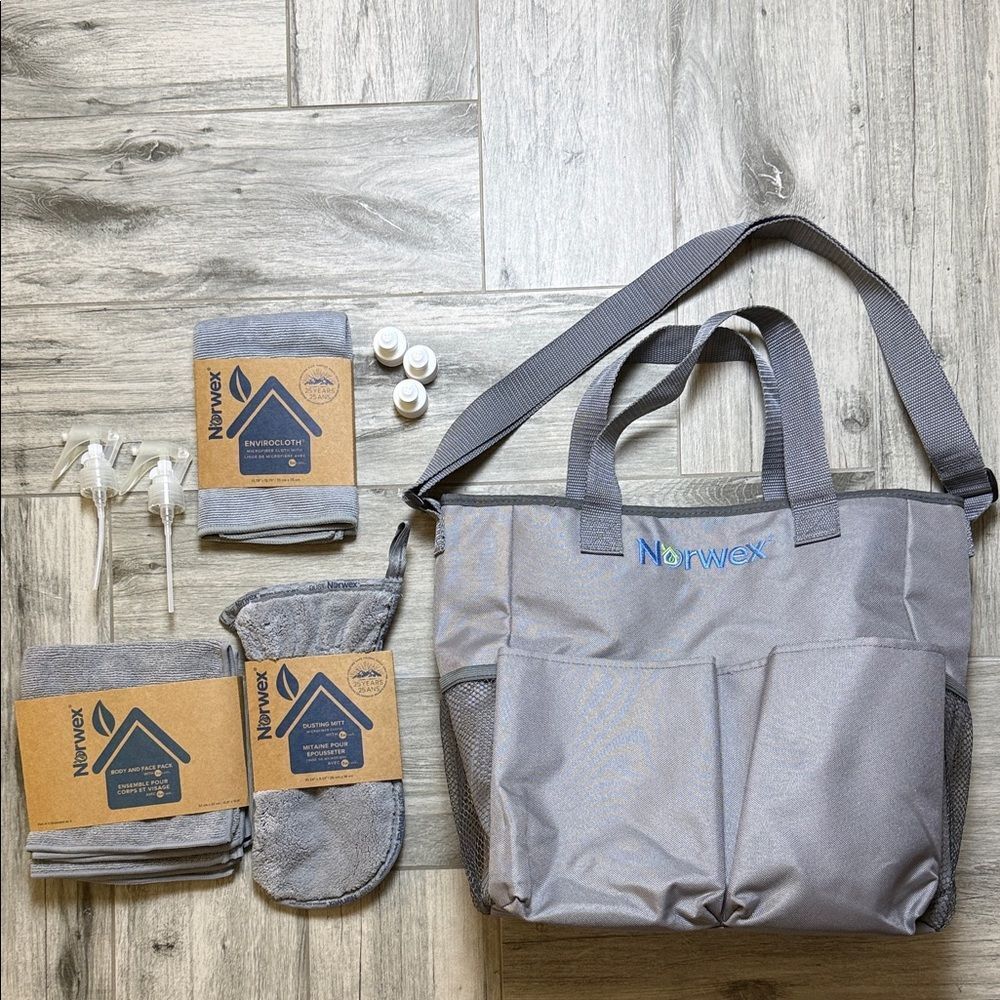 Norwex Gray Cleaning Tote with NWT Microfiber Bundle